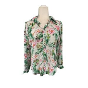 Wonderment Womens Long Sleeve Button Down Floral Tropical White Pink Top Small